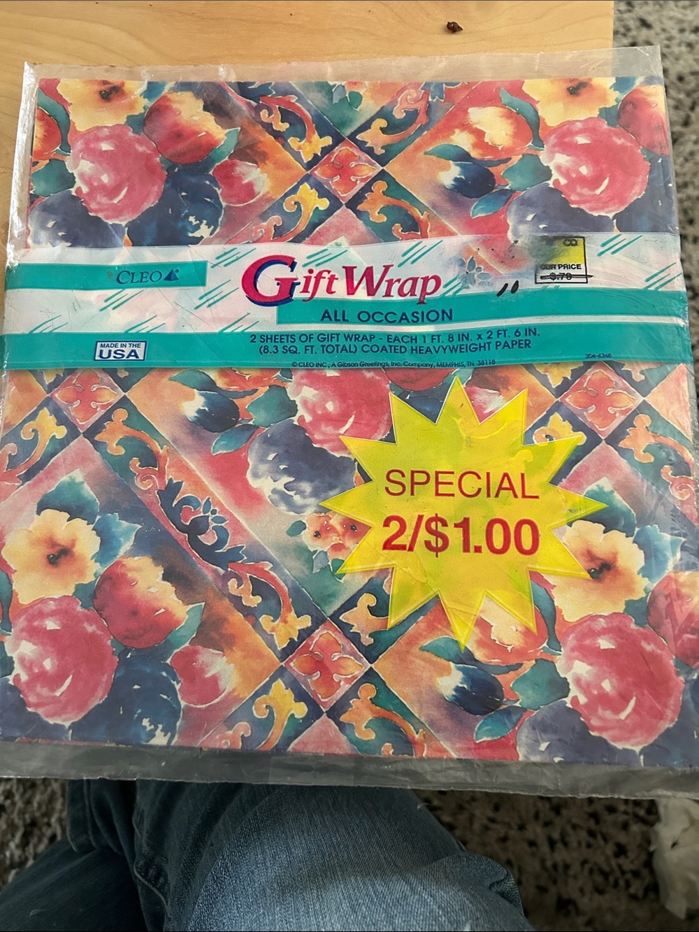 Vintage Cleo Floral Pattern Gift Wrap in Pink, Blue, Yellow and Green NIP